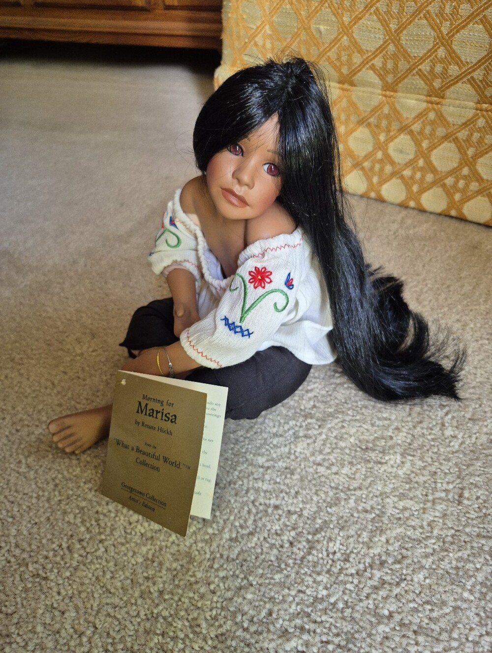 Morning For Marisa Porcelain Doll with Embroidered Blouse and Long Black Hair